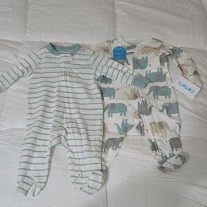 Carter's Cream and Blue Striped and Elephant Print Footies
